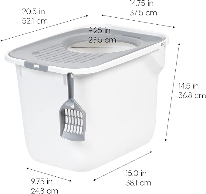 IRIS USA Cat Litter Box Large Top Entry with Lid, Enclosed Litter Box with Litter Catching Lid & Scoop, Covered Cat Litter Box Enclosure for Privacy, High Sided, White/Gray