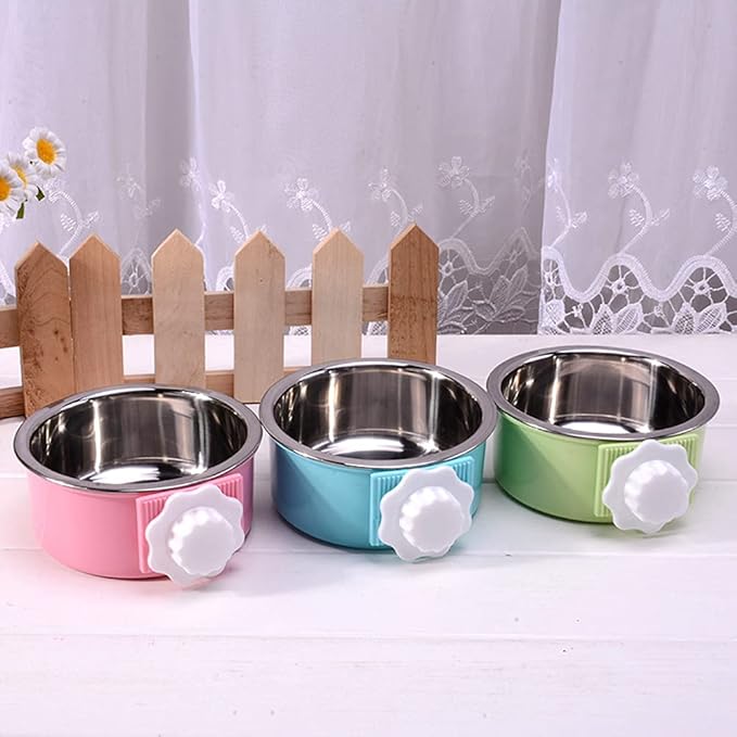 Crate Dog Bowl,Removable Stainless Steel Water Food Feeder Bowls Crate Coop Cup,Pet Cage Bowls with Bolt Holder for Cat, Puppy, Birds, Rats, Rabbits Small Animals ((Green+Pink) Round, Samll)