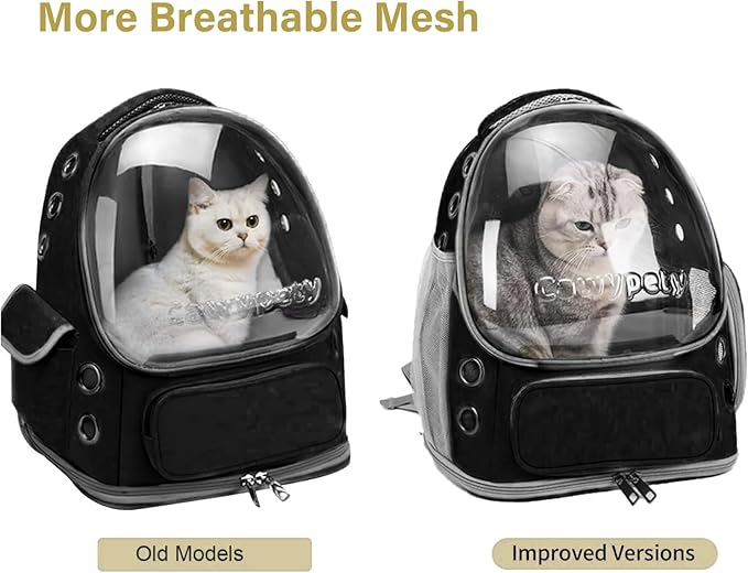 Cawypety Cat Backpack Carrier, Breathable Cat Carrier Large Space Bubble Pet Backpack for Kitty Small Dog up to 12lbs, Transparent & Foldable Pet Carrier for Travel Hiking (Black