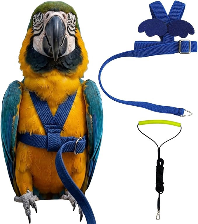 Adjustable Bird Harness with Elastic Leash, Pet Parrot Harness and Leash, Adjustable Training Design Anti-Bite, Bird Nylon Rope with Cute Wing for Conure (Deep Blue,Macaw)