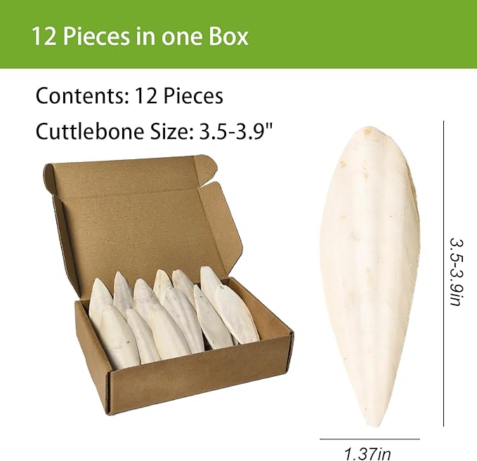 3.5"-4" Cuttlebone for Birds,Parakeets Cuddle Bone Beak Trimming,Premium Calcium Natural Cuttlefish Bone for Parrot,Cockatiel,Budgie,Tortoise, Snails,Reptiles,12 Pcs