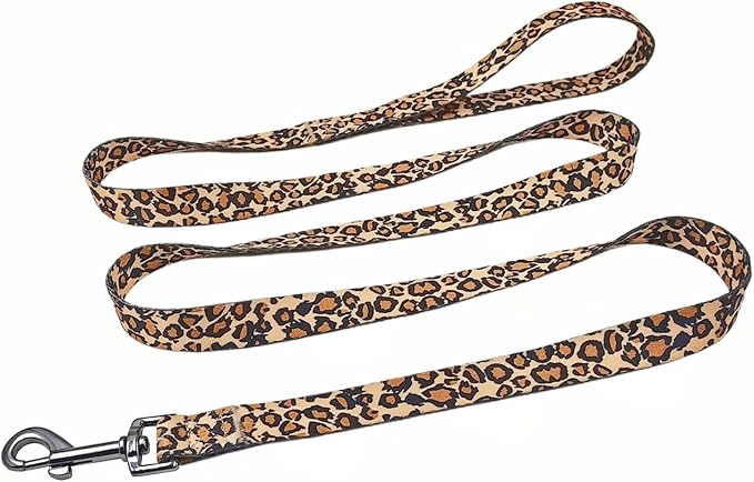 Dog Collar Leash Set, Leopard Pattern, Polyester Material, Adjustable Collar and 5ft Matching Leash, for Puppy Dogs.(XS, Brown Leopard)
