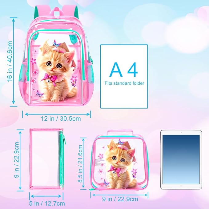 Clear Backpack for Girls and Boys, Kids Transparent Bookbag, 3PCS Cute See Through School Bag for Elementary Prechool