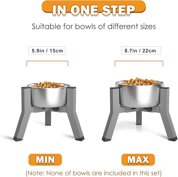 SHAINFUN Raised Dog Bowl Stand, Adjustable Width 5.9-8.7'', Eelevated Dog Food Water Bowls, 7.8'' Tall, Grey-Bowl Not Included