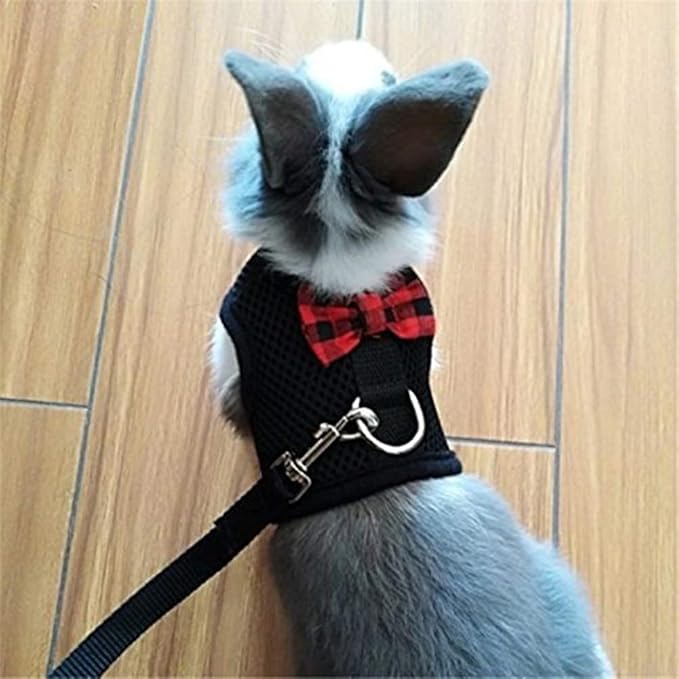 Rabbit Harness with Leash Adjustable Soft Mesh Vest Harness for Bunny Kitten Guinea Pig Rat (L, Black)