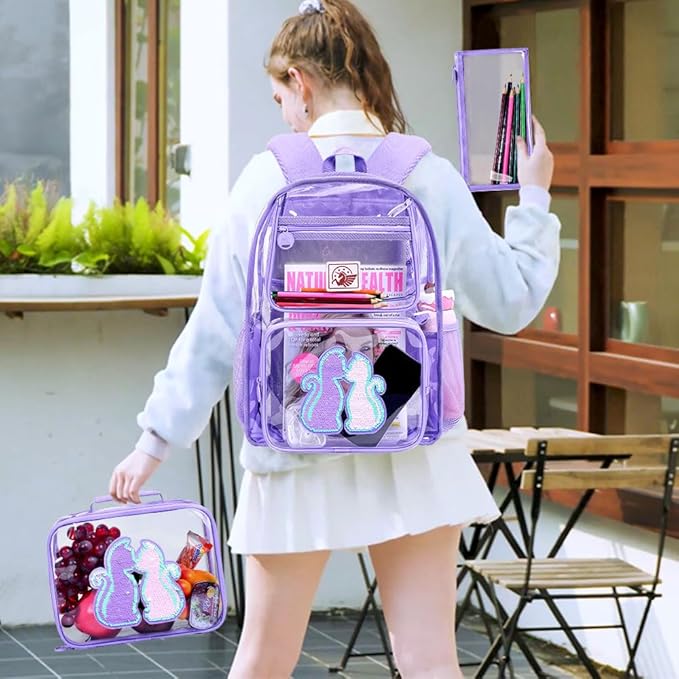 Clear Backpack for Girls and Boys, Kids Transparent Bookbag, 3PCS Cute See Through School Bag for Elementary Prechool