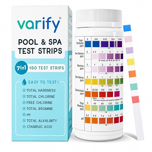 7 in 1 Pool Test Strips (150 Strips) - Easy to Use Water Testing Kit for Pool, Spa, Hot Tub & More - Tester Strip for Water Hardness, Chlorine, Bromine, pH, Alkalinity and Cyanuric Acid