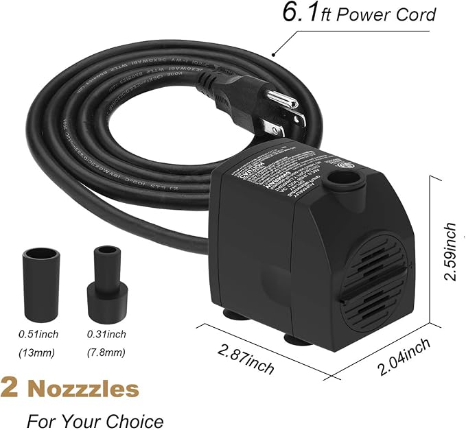 Submersible Water Pump 6.1ft Power Cord Ultra Quiet Pump with Dry Burning Protection 200GPH for Fountains, Hydroponics, Ponds, Statuary, Aquariums - More …