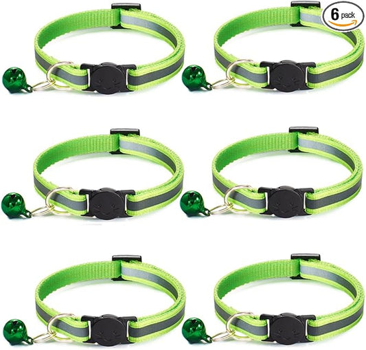 6 Pack Reflective Cat Collar with Bell, Breakaway and Safe Collars for Cats, Nylon, Pet Collar Adjustable19-32cm (Fluorescent Green)