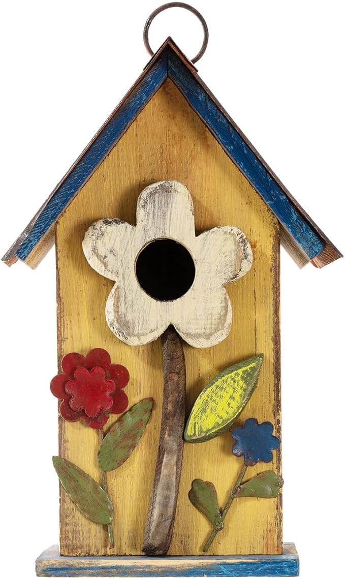 Glitzhome Bird Houses for Outside, 10.25" Wooden Bird House Hanging Birdhouse Distressed Flower Garden Bluebird House for Outdoor, Bird Nest Box for Bluebird Wren Chickadee Sparrow