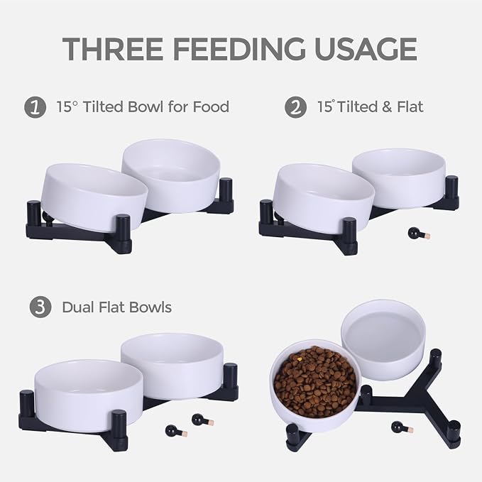 Elevated Ceramic Dog Bowls for Small Dogs, Raised Dog Bowl Set with Adjustable Wood Stand, Non-Slip Pet Feeding Station, Food & Water Bowls for Cats & Small Dogs 13.5oz (White)