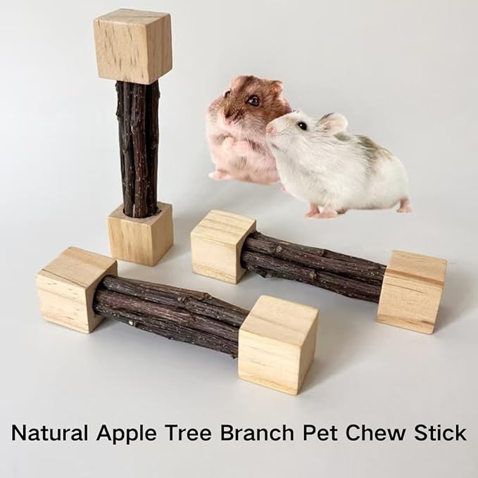 3PCS Apple Wood Sticks for Small Animals, Natural Apple Chew Sticks Toys and Treats for Chinchilla Guinea Pig Hamster Gerbil Bunny Rabbit