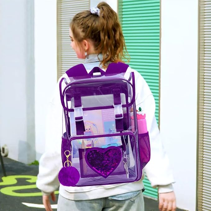 17" Sequin Clear Backpack for Girls - 3Pcs School Flip Design Stadium Approved Set, Waterproof Campus Transparent Bookbag (Purple)