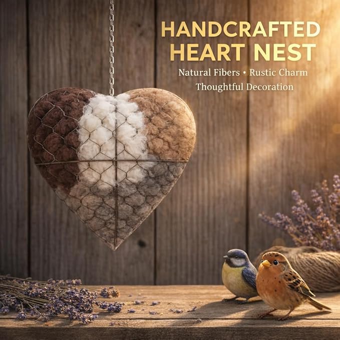 Handmade Fiber Bird Nesting Heart,Birds Nests Material Holder,Refillable Bird Haven Heart-Shaped Hummingbird Nest with Nesting Material,Winter Tree Shelter for Wild Bird,Gift for Hummingbird Lover,1PC