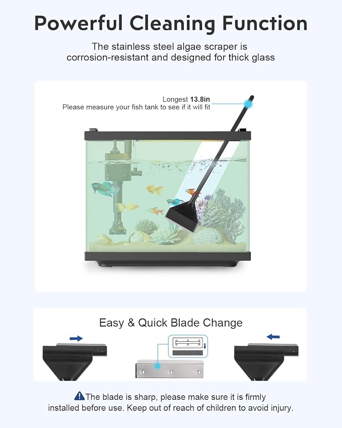 URUQ 7-in-1 Fish Tank Cleaning Kit with Algae Scraper & Aquarium Brushes | Includes Fish Net, Sponge, Spare Blades, Multiple Tools for Easy Routine Tank Maintenance