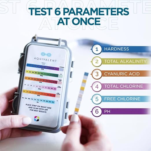 Advanced Pool Test Strips, Hot Tub Test Strips & Pool Water Testing Kit for Spas - 6-Way Chlorine & Ph Test Strips - Above Ground Pool Accessories - AI Mobile App Water Test Kit (Starter Kit)