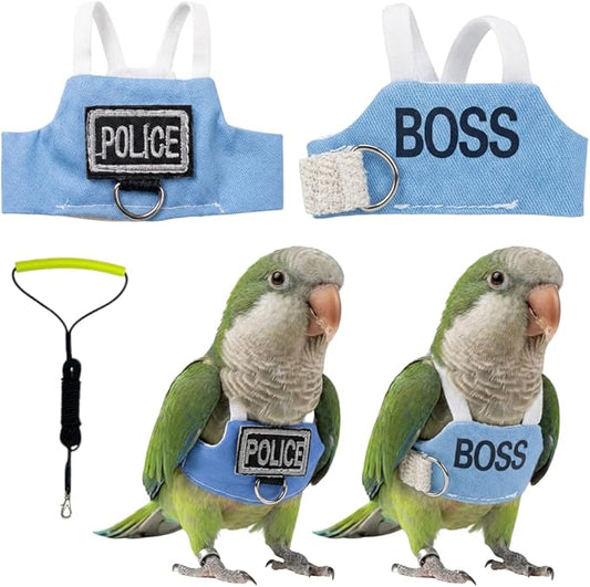 2 Pack Bird Flight Suit Vest, Adjustable Parrot Harness Clothes with Cute Design, Anti-Bite Outdoor Training Outfit for Parakeet, Cockatiel, Conure, Quaker, Budgie (L,with Leash)