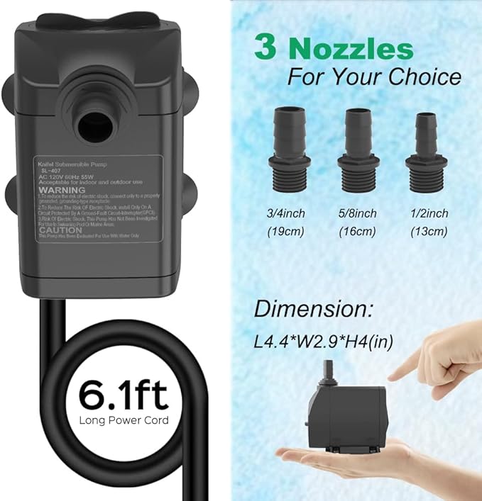 Submersible Water Pump, Ultra Quiet 660GPH Fountain Pump | 8.2ft High Lift Over Heating Protection, Water Pump for Fish Tank, Pond, Aquarium, Hydroponics