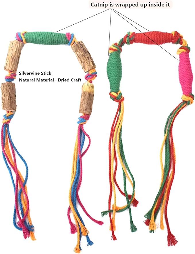 IUHKBH Silvervine Cat Toy, 4 Packs Colorful Chew Ropes with Silvervine Sticks and Refillable Natural Catnip Bag for Teeth Cleaning Safe Interactive Toy for Indoor Cat Kitten
