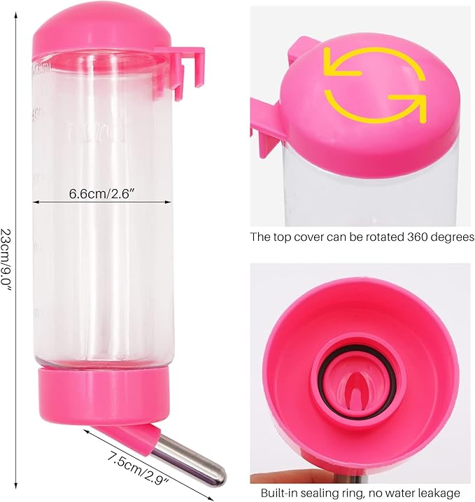 2 Pack 16 oz Guinea Pig Water Bottle no Drip for Cage no Leak Rat Small Animal Hamster Rabbit Water Bottle Attaches to Cage Bunny Water Dispenser,Ship by Random Color