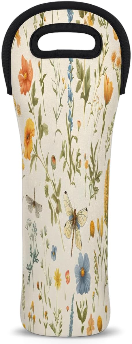 Dragonfly Wildflower Wine Bag Single Bottle Wine Tote Bag Neoprene Wine Carrier Bags with Carry Handle Portable Wine Bottle Holder for Travel Party Picnic