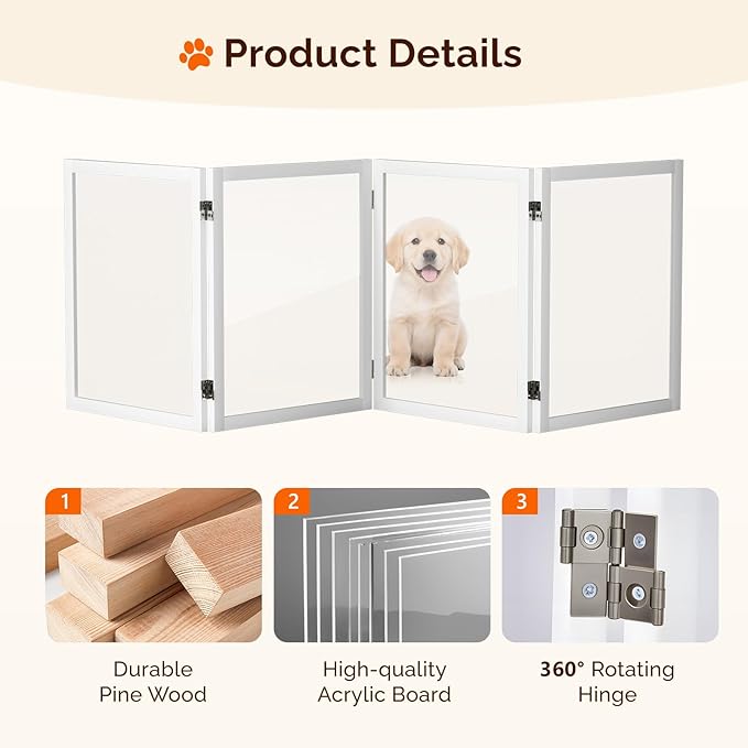 VINGLI Clear Acrylic Freestanding Dog Gate, Transparent Pet Fence with Solid Hardwood and Plastic Board, Pet Gates for Christmas Tree Stairs and Doorways (4 Panels)