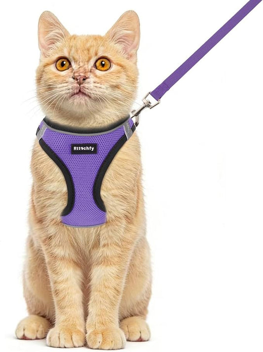 Rttochfy Cat Harness and Leash Set, Escape Proof Kitten Harness, Soft and Breathable Vest with Reflective Strip, Easy to Wear for Cats Walking and Traveling (BK Dark Purple, M)