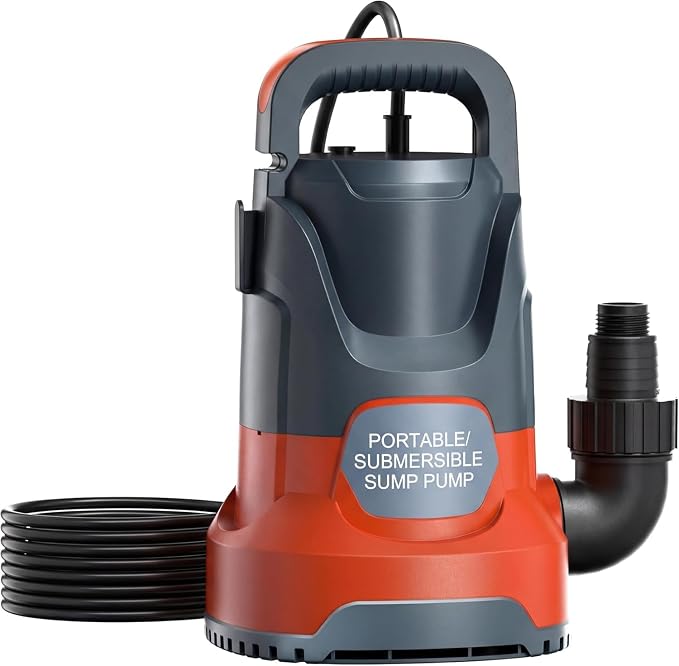 Sump Pump 1HP Submersible Water Pump 3700GPH Electric Portable Transfer Water Pump for Pool Draining Basement, Light Orange