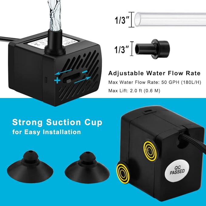 PULACO 2Pcs Mini Fountain Pump (50GPH 3W), Ultra Quiet Submersible Water Pump for Aquarium, Small Fish Tank, Pet Water Fountain, Tabletop Fountains, Water gardens and Hydroponic Systems