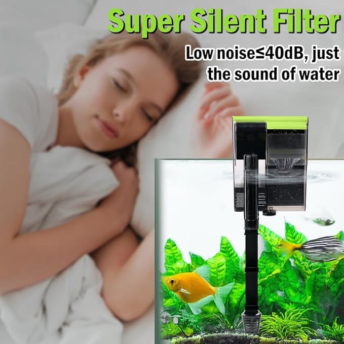 MALLMALL6 Aquarium Filter with U-V Light, Quiet Activated Carbon Biochemical Hang On Back Fish Tank Water Filtration with 2 Adjustable Extension Hose for 10-20 Gallon, 119 GPH 5W Power Oxygen Pump