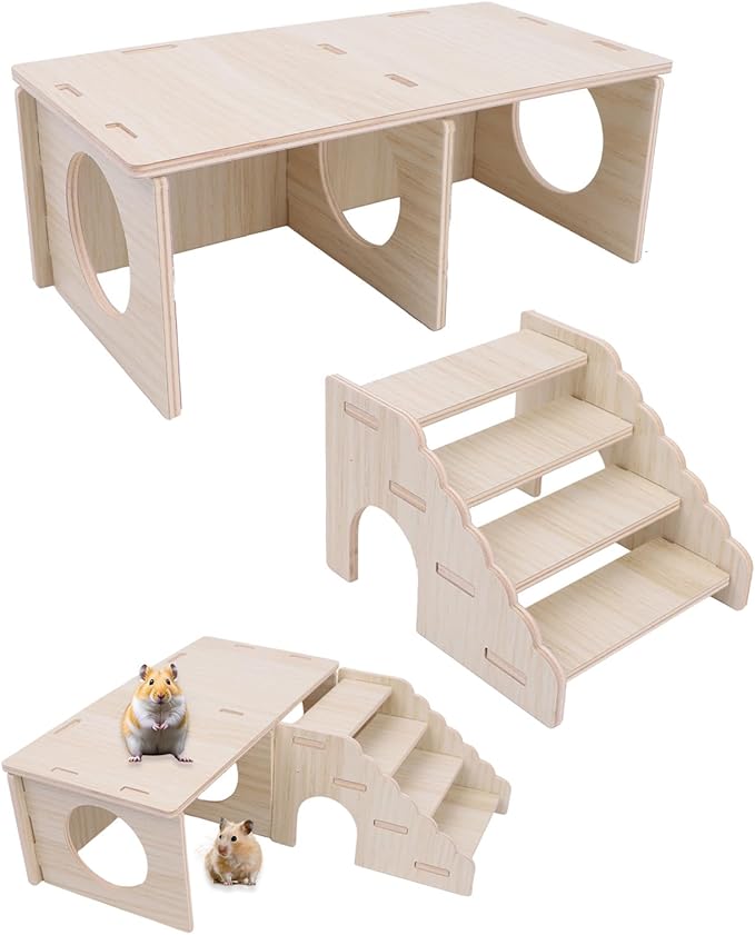 2 Pcs Hamster Hideouts, Wooden 2-Chamber Hideout-Tunnel Hamster Platform with Climbing Ladder