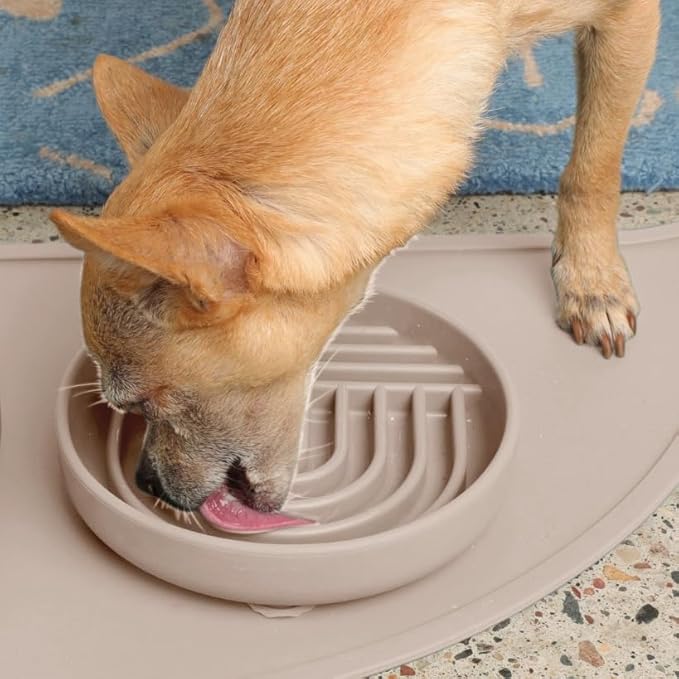 Should We Go? Slow Feeder for Dogs, The Slowdown Bowl Silicone Slow Eating Mealtime Solution with Modern Lick Mat Design, Reduces Gulping, Fits 1 Cup, 6” Across x 1.25” Tall, Small-Tan