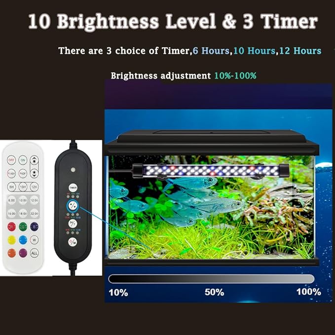 Submersible Aquarium Light for Fish Tank,24/7 Mode Full Spectrum LED Fish Tank Light with Air Bubble Hole RGB Color Changing Brightness Timer Adjustable,15.7inch 12W Fish Light