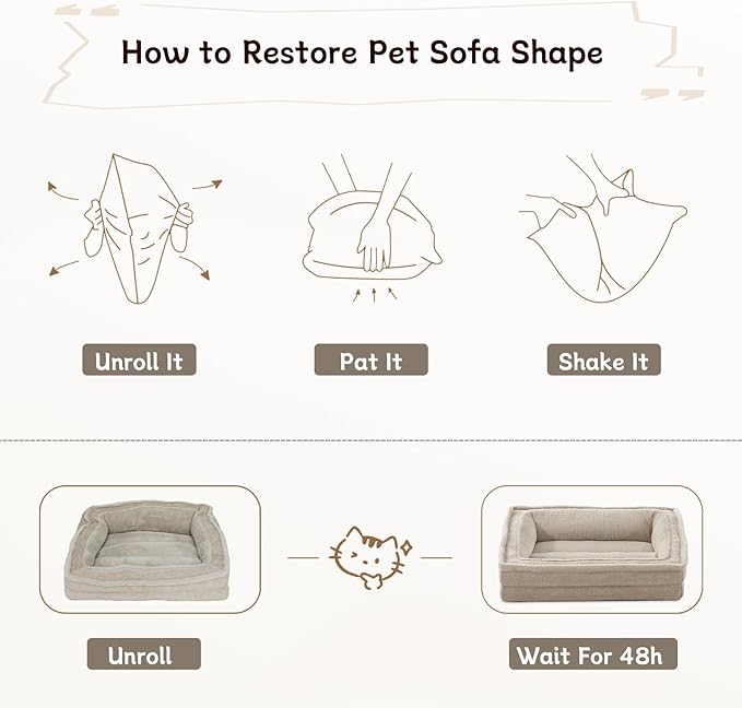 Laojin Balhen Cat Couch for Pets, Washable Cat Beds for Indoor Cats, Super Soft Plush Supportive Dog Couch Bed for Puppy and Kitten with Anti-Slip Bottom, 24inch, Beige