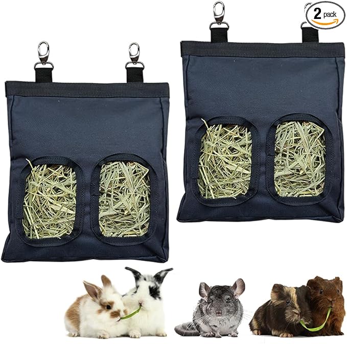 Guinea Pig Hay Feeder, Hanging Rabbit Hay Feeder Bag for Guinea Pigs Bunnies Chinchillas. PureBlack, 2 Count