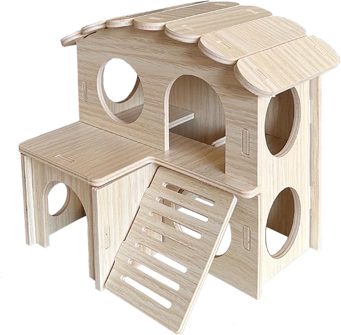 Wood Hamster House, Fun Tiny Hamsters Hideout, Detachable Double-Decker Hut for Dwarf Gerbil Mouse Mice Rat Small Animals(Only for Small Hamster)