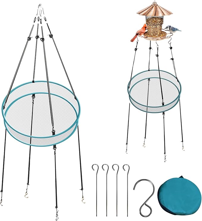 Bird Seed Catcher for Outdoor Feeders,Wind Rope and Metal Ground Anchors, Birdfeeder Tray for Garden,Lawn,Backyard,Balcony(Gray Net and Grass Green Edge,20 Inch,1set)