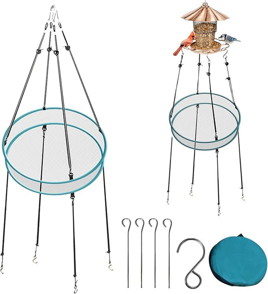 Bird Seed Catcher for Outdoor Feeders,Wind Rope and Metal Ground Anchors, Birdfeeder Tray for Garden,Lawn,Backyard,Balcony(Gray Net and Grass Green Edge,20 Inch,1set)