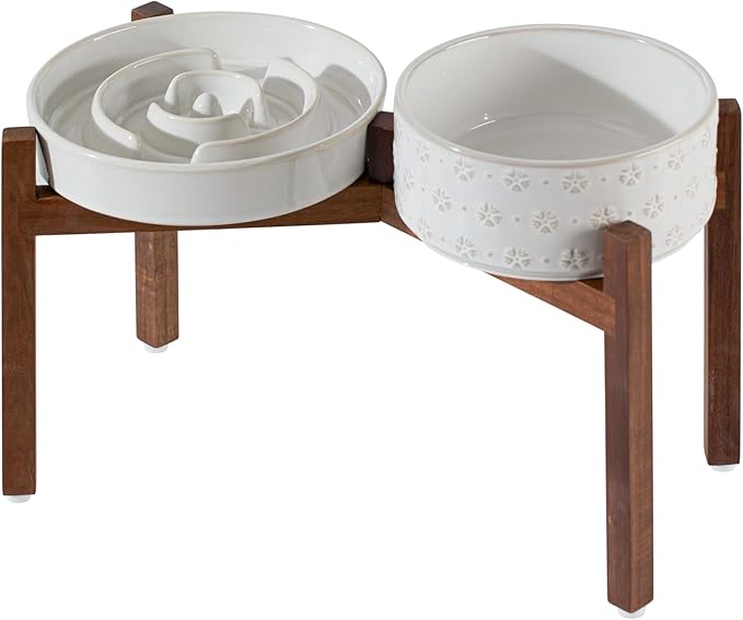 Havniva Elevated Slow Feeder Dog Bowls, 1.6 Cups/8.2 inch Slow Feeders + 7.3 inch Ceramic Dog Food & Water Bowls Set with Acacia Wood Stand Puzzle Bowls for Fast Eater, Medium Dogs Anti-Choking