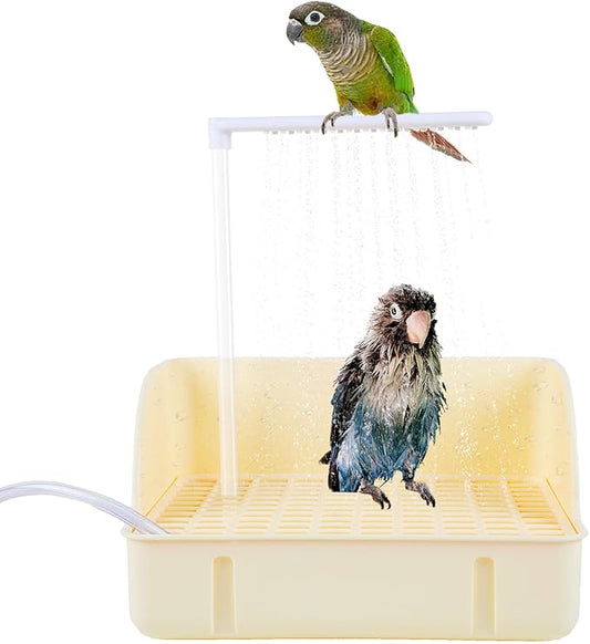 Automatic Bird Bath Fountain with Anti-Bite Cord Protector, Large Parrot Bathtub with Running Water Faucet, USB Electric Bird Shower for Parakeet, Cockatiel, Conure, African Grey, Lovebirds (Beige)