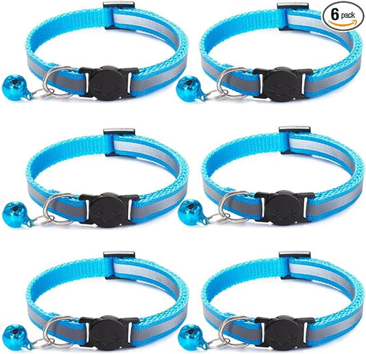 6 Pack Reflective Cat Collar with Bell, Breakaway and Safe Collars for Cats, Nylon, Pet Collar Adjustable19-32cm (Sky Blue)