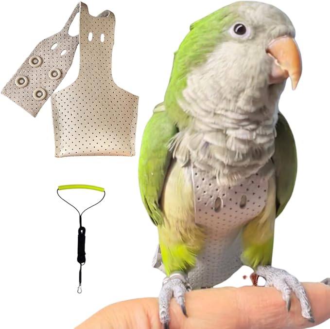 Premium Genuine Cowhide Bird Flight Harness Anti Bite Breathable Parrot Diaper Parrot Suit with Leash for Parakeet Conure Quaker Flying Clothes Rope and Handle (with Leash,X-Small)