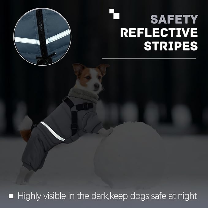 BRKURLEG Grey Dog Winter Coat, Cozy Winter Dog Jackets, Small Dogs Coat with Harness, Onesie Body Warm Puppy Jacket, Pet Reflective Windproof Cold Weather Jackets, Puppy Four-Legged Puffer Coats, M