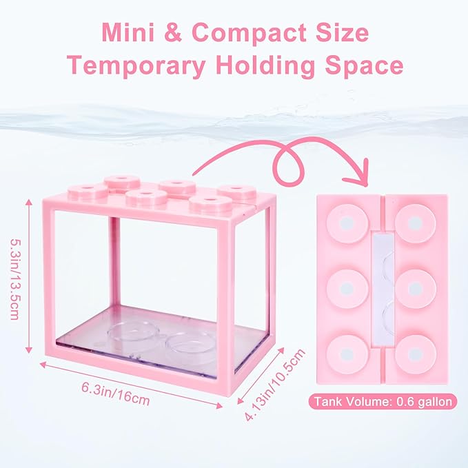 2 PCS Small Betta Fish Tank, 0.6 Gallon Mini Aquarium Tank, Pink Cube Fish Bowl, Desktop Stackable Tank for Small Fish, Insect, Shrimp, Turtle, Spider