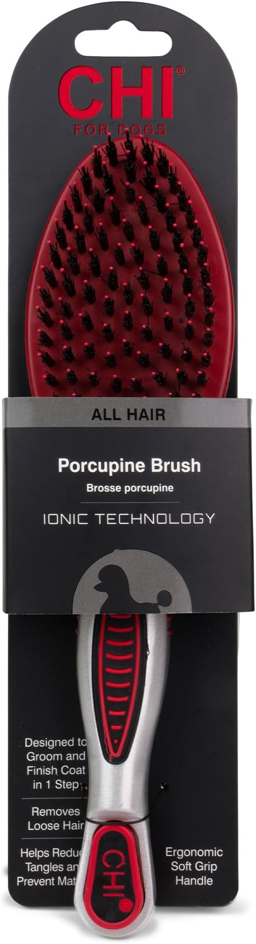 CHI for Dogs Porcupine Pin and Bristle Dog Grooming Brush, Detangling and Smoothing Brush for Short Medium and Long Dog Coats, Helps Remove Loose Hair and Light Tangles, Ergonomic Soft Grip Handle