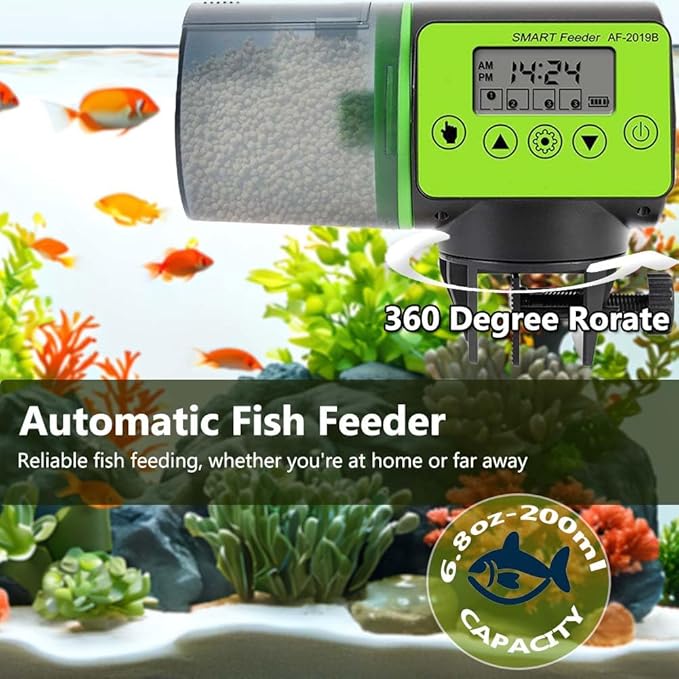 Automatic Fish Feeder for Aquarium Vacation, 200ML Large Capacity Auto Fish Food Dispenser with Timer Display for Small Tank Turtle Betta Koi, Big Aquariums & Pond
