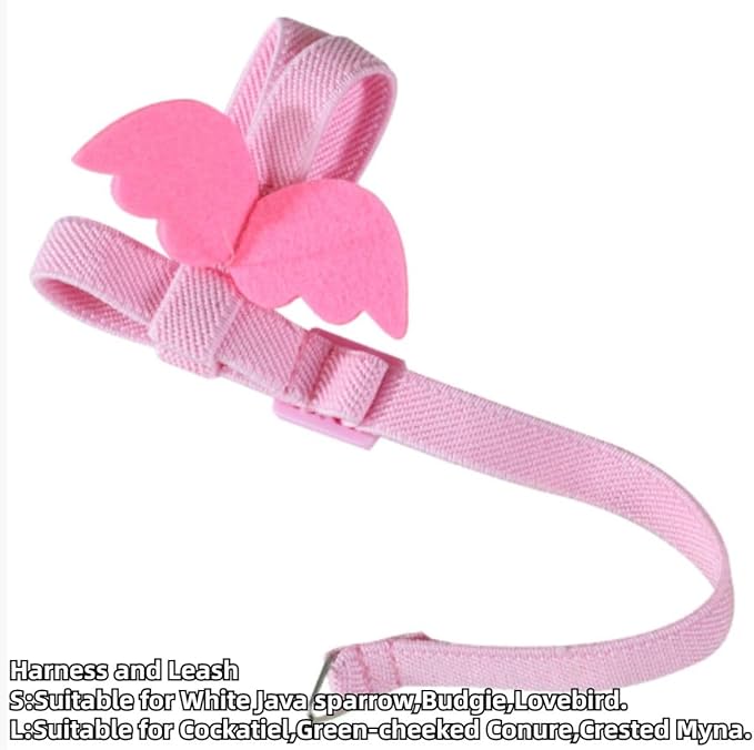 Pet Parrot Bird Harness and Leash, Adjustable Training Design Anti-Bite, Bird Nylon Rope with Cute Wing and Colorful Leash for Parrots Lovebird Cockatiel Conure Budgie (Pink with 118.1inch Leash,L)