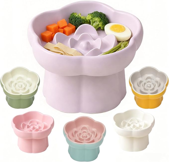 Cat Slow Feeder Flower-Shaped Ceramic Slow Feeder Cat Bowl, Tilted Raised Cat Slow Feeder Bowl for Whisker Relief, Prevents Vomiting & Bloating, Non-Slip Base (Pure Purple)