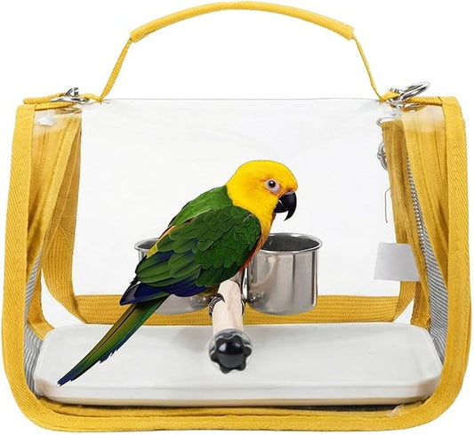 Ventilated Bird Carrier, Travel Backpack with Perch Stand, 36cm Pet Transport Bag with Breathable Mesh Panels, Aviary Carrier with Clear Window Design, Bird Travel Bag for Camping Hiking Trips