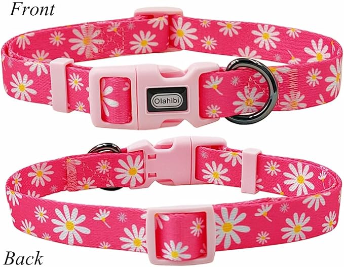 Dog Collar Leash Set, Floral Pattern, Polyester Material, Adjustable Collar and 5ft Matching Leash, for Large Dogs.(L, Pink Daisy)